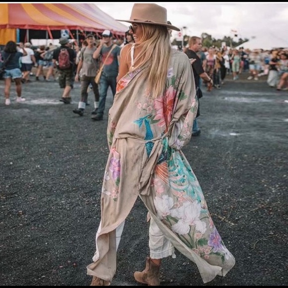 Aluna Levi Sweaters - New! Oversized Kimono Blue Peacock Floral Print  W/ Front Pockets Side Slits
